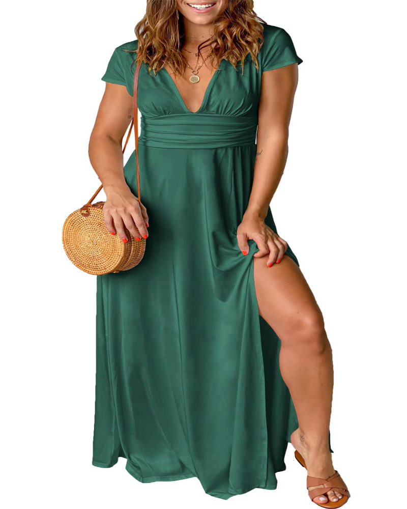 Abito Lungo Estivo da Donna con Scollo a V e Vita Alta