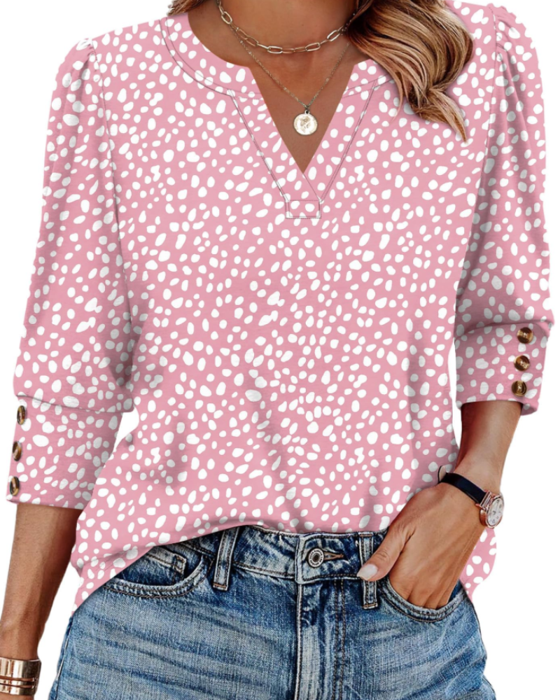 Zeline Damebluse med V-Hals – Blomstret Top med 3/4 Ærmer