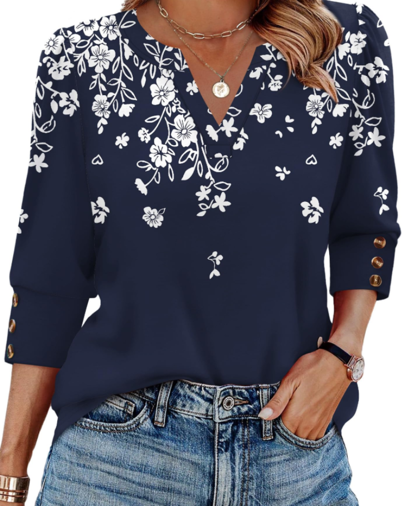 Zeline Damebluse med V-Hals – Blomstret Top med 3/4 Ærmer
