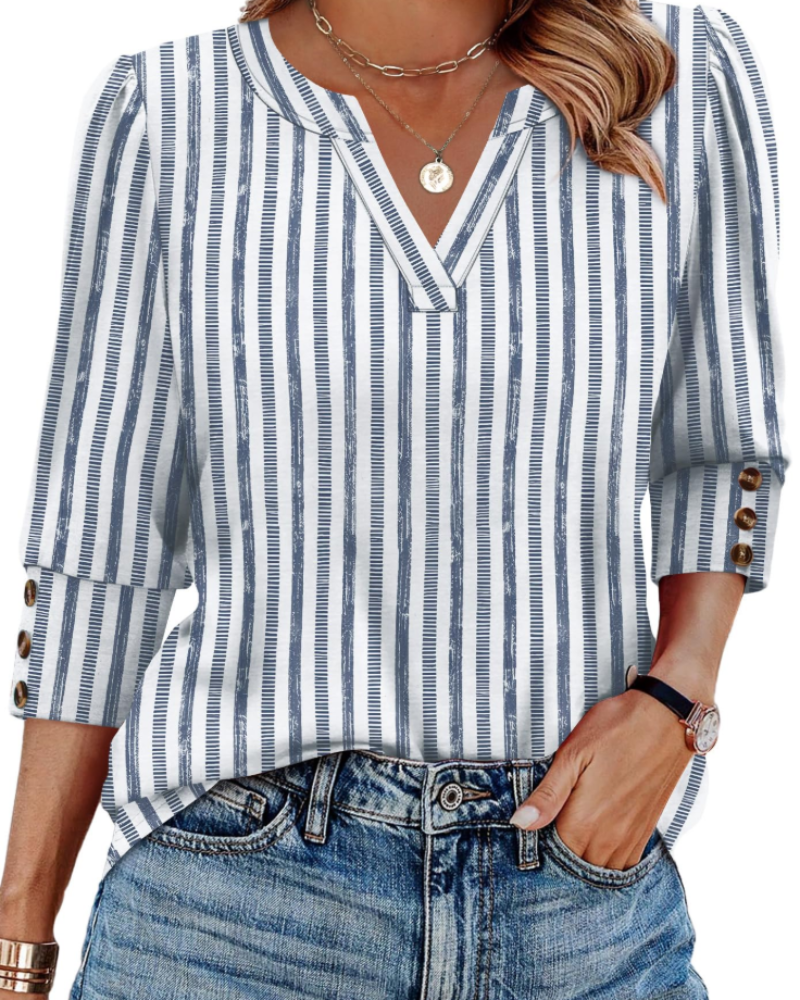 Zeline Damebluse med V-Hals – Blomstret Top med 3/4 Ærmer
