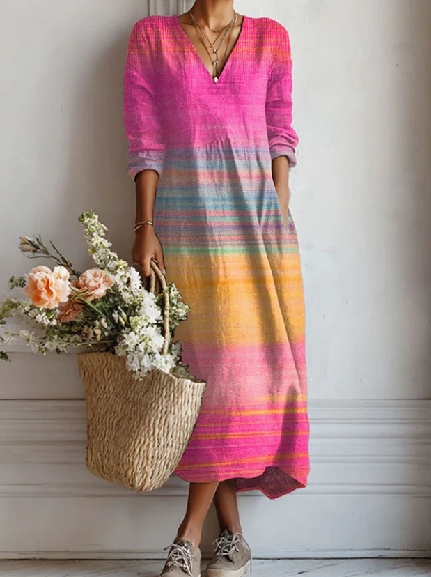 Boho Midi Kjole i Hørlook med Print til Dame