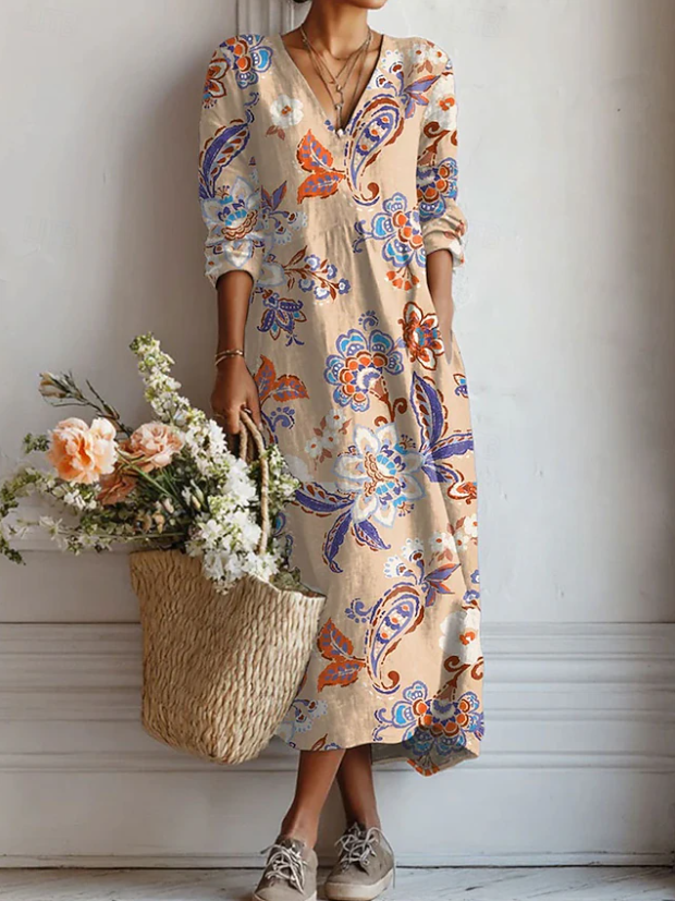 Boho Midi Kjole i Hørlook med Print til Dame