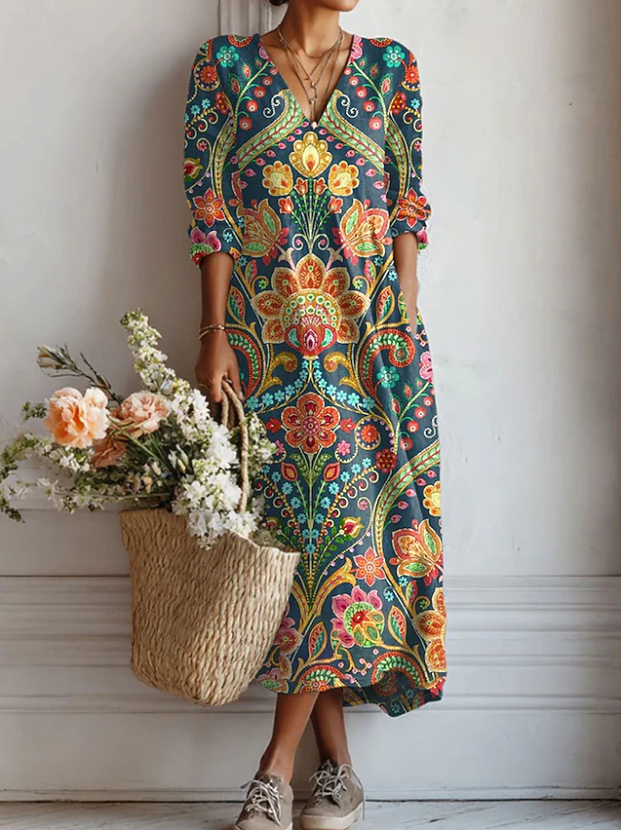 Boho Midi Kjole i Hørlook med Print til Dame