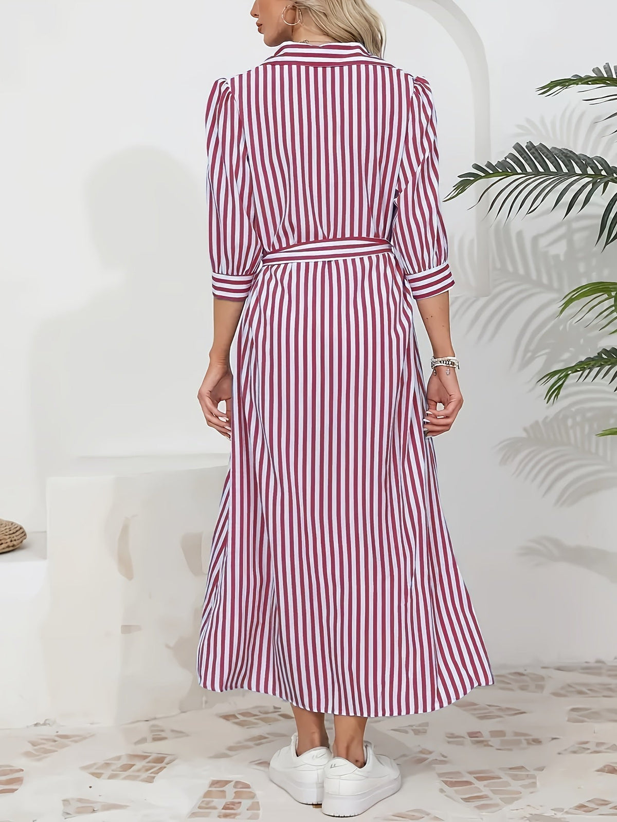 Striped Midi Shirt Dress for Women | Tie Belt & 3/4 Sleeves