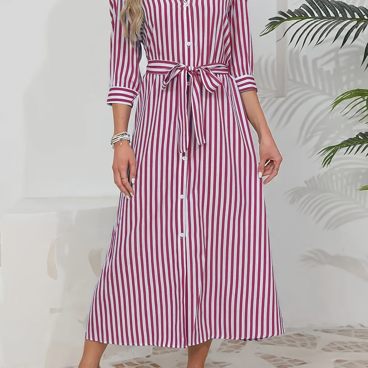 Striped Midi Shirt Dress for Women | Tie Belt & 3/4 Sleeves