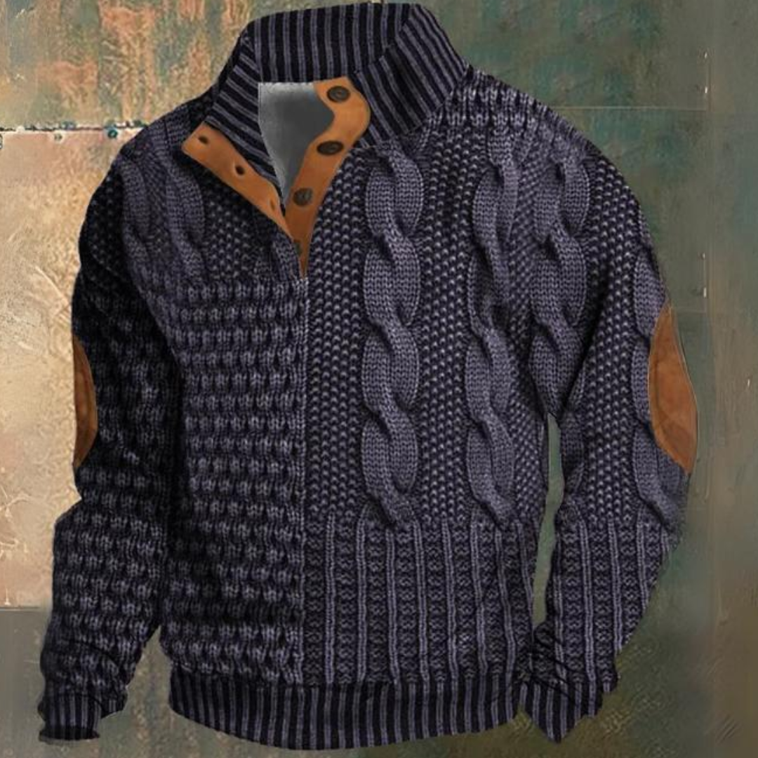 Herre Kabelstrikket Sweater med Halv Knaplukning