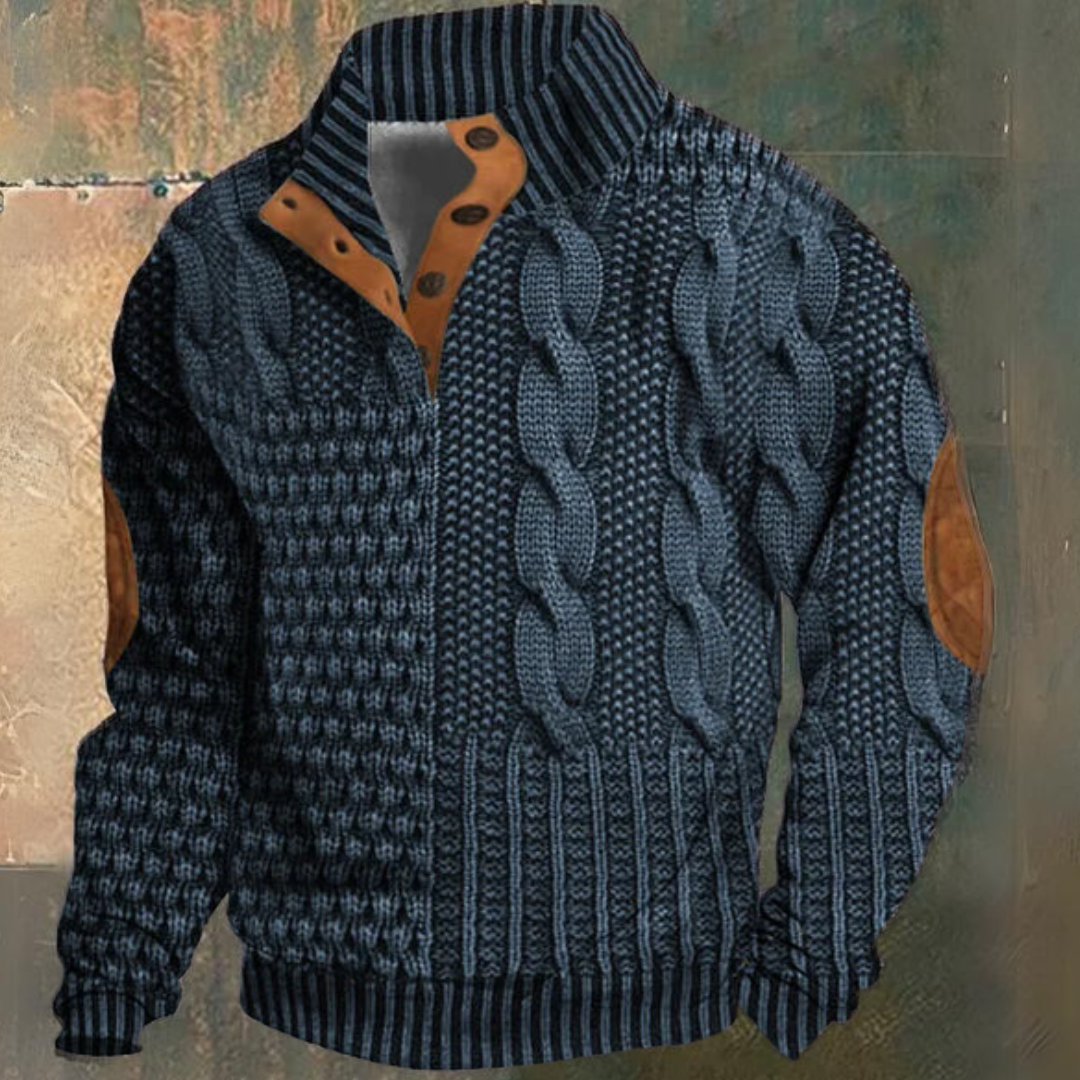 Herre Kabelstrikket Sweater med Halv Knaplukning