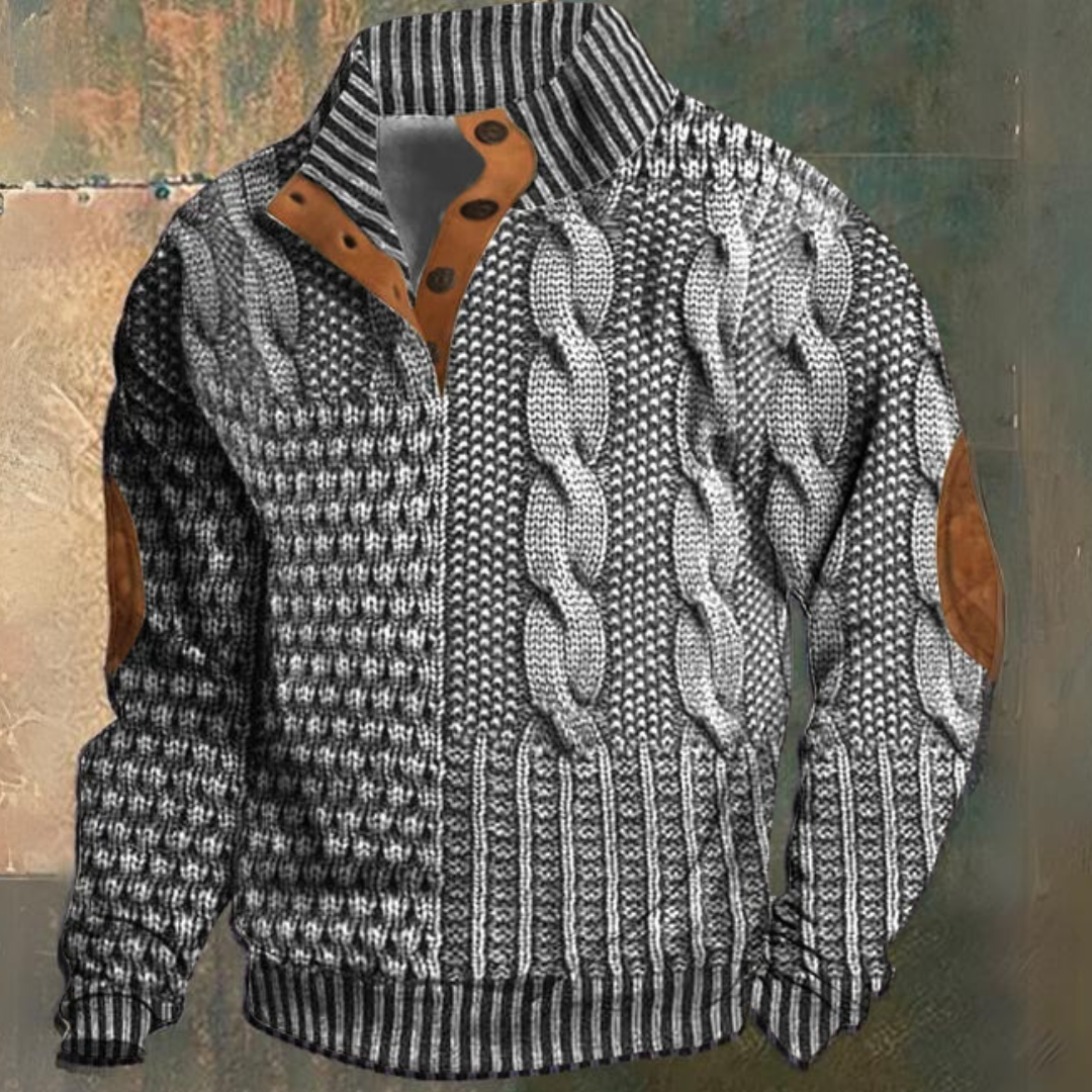 Herre Kabelstrikket Sweater med Halv Knaplukning