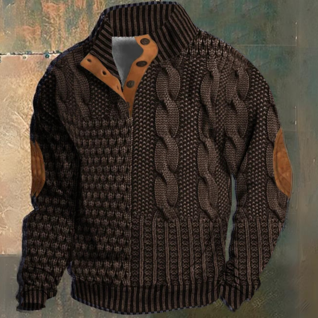 Herre Kabelstrikket Sweater med Halv Knaplukning