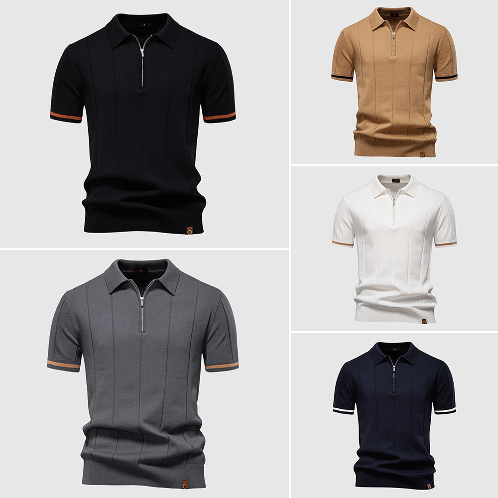 Dynamisk herre polo med zip og korte ærmer – lodrette striber
