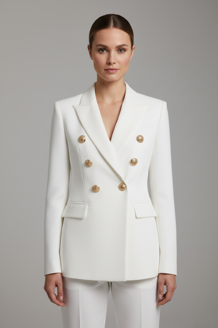 Dobbeltradet blazer til damer med guldknapper | Klassisk figursyet jakke til kontoret og festlige sommerdage i let design