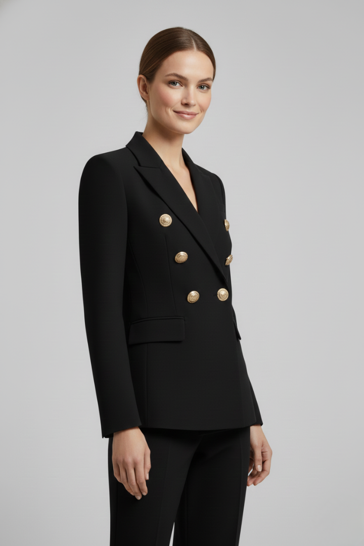 Dobbeltradet blazer til damer med guldknapper | Klassisk figursyet jakke til kontoret og festlige sommerdage i let design