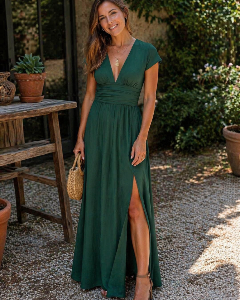 Abito Lungo Estivo da Donna con Scollo a V e Vita Alta