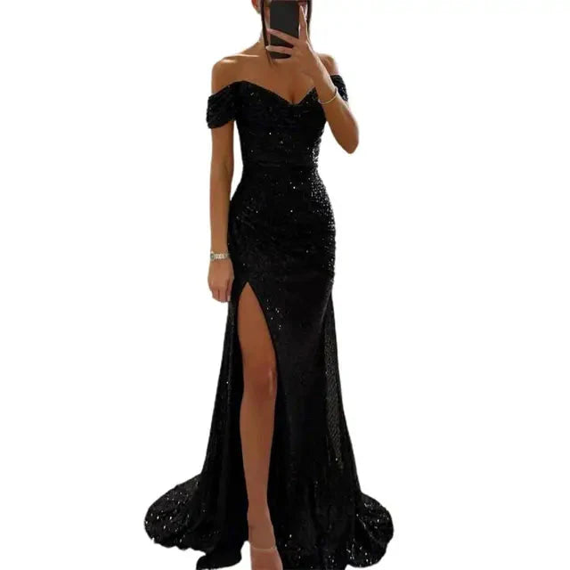 Women’s Dress with Off‑Shoulder V‑Neckline and Floor‑Length Hem