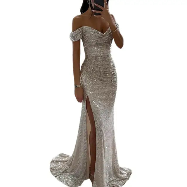 Women’s Dress with Off‑Shoulder V‑Neckline and Floor‑Length Hem