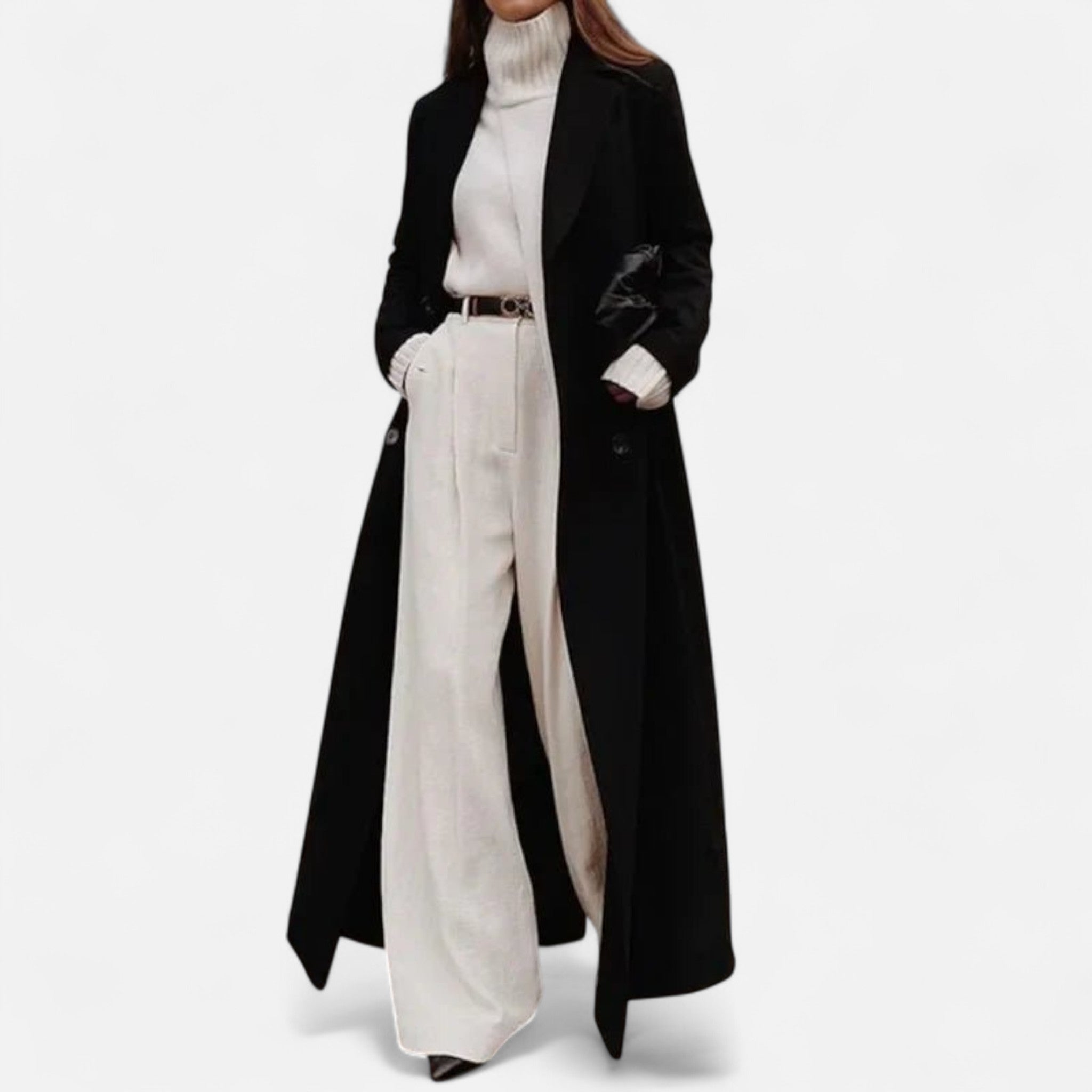 Damers Sorte Maxi Overfrakke – Chic Longline Ydertøj til Året Rundt