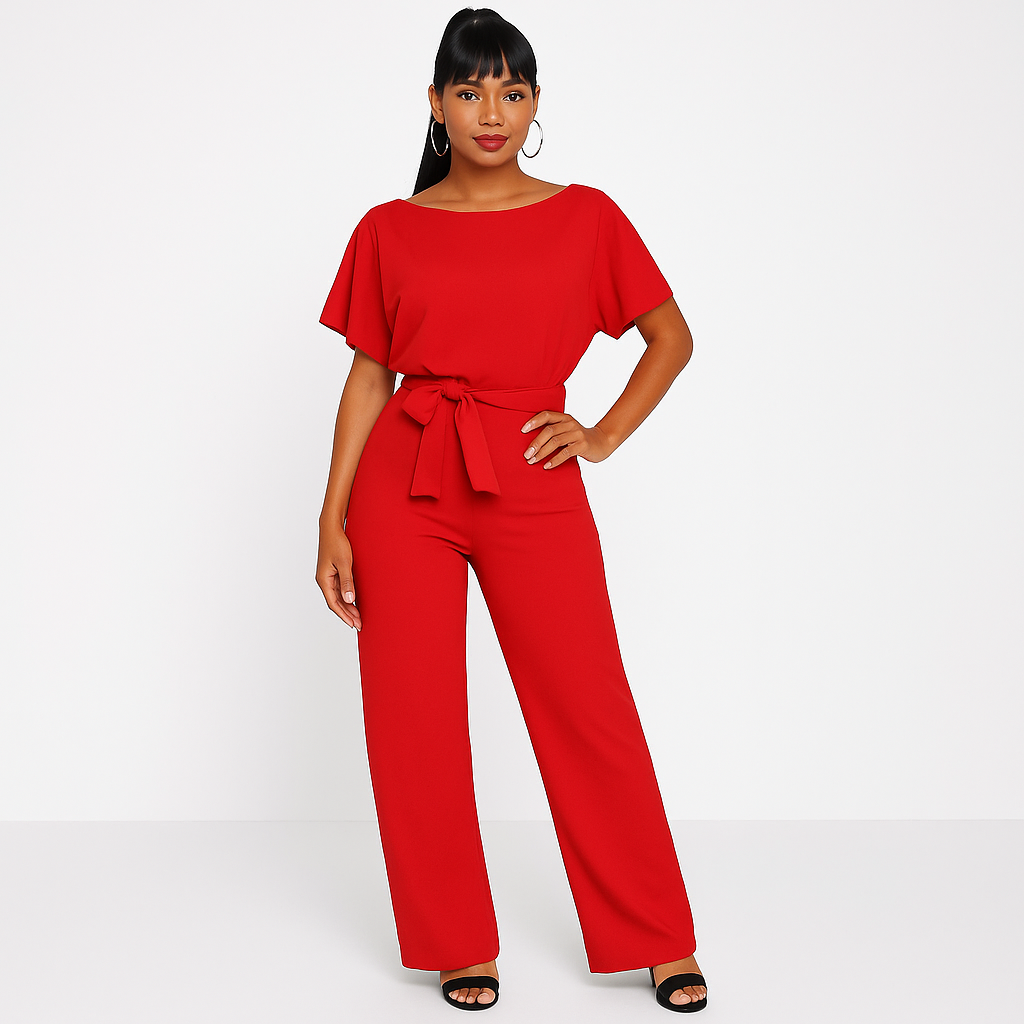 Dame Jumpsuit med Flagermusærmer og Bindebælte