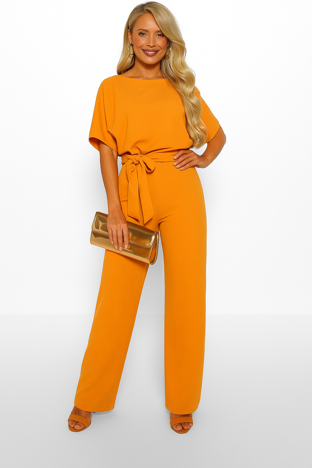 Dame Jumpsuit med Flagermusærmer og Bindebælte
