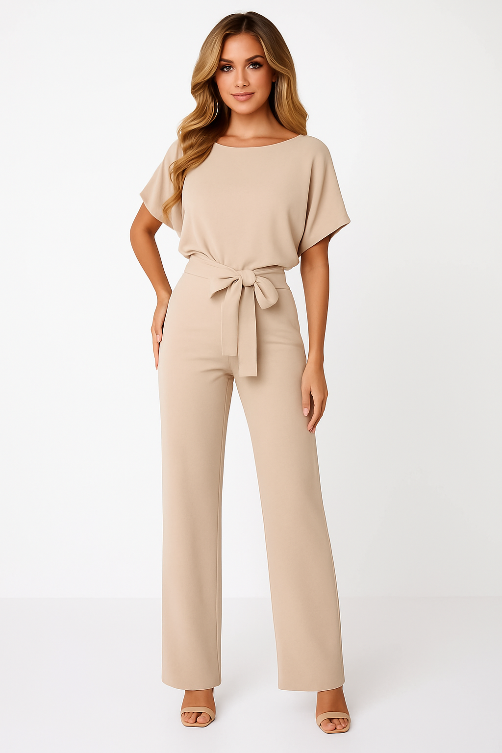 Dame Jumpsuit med Flagermusærmer og Bindebælte