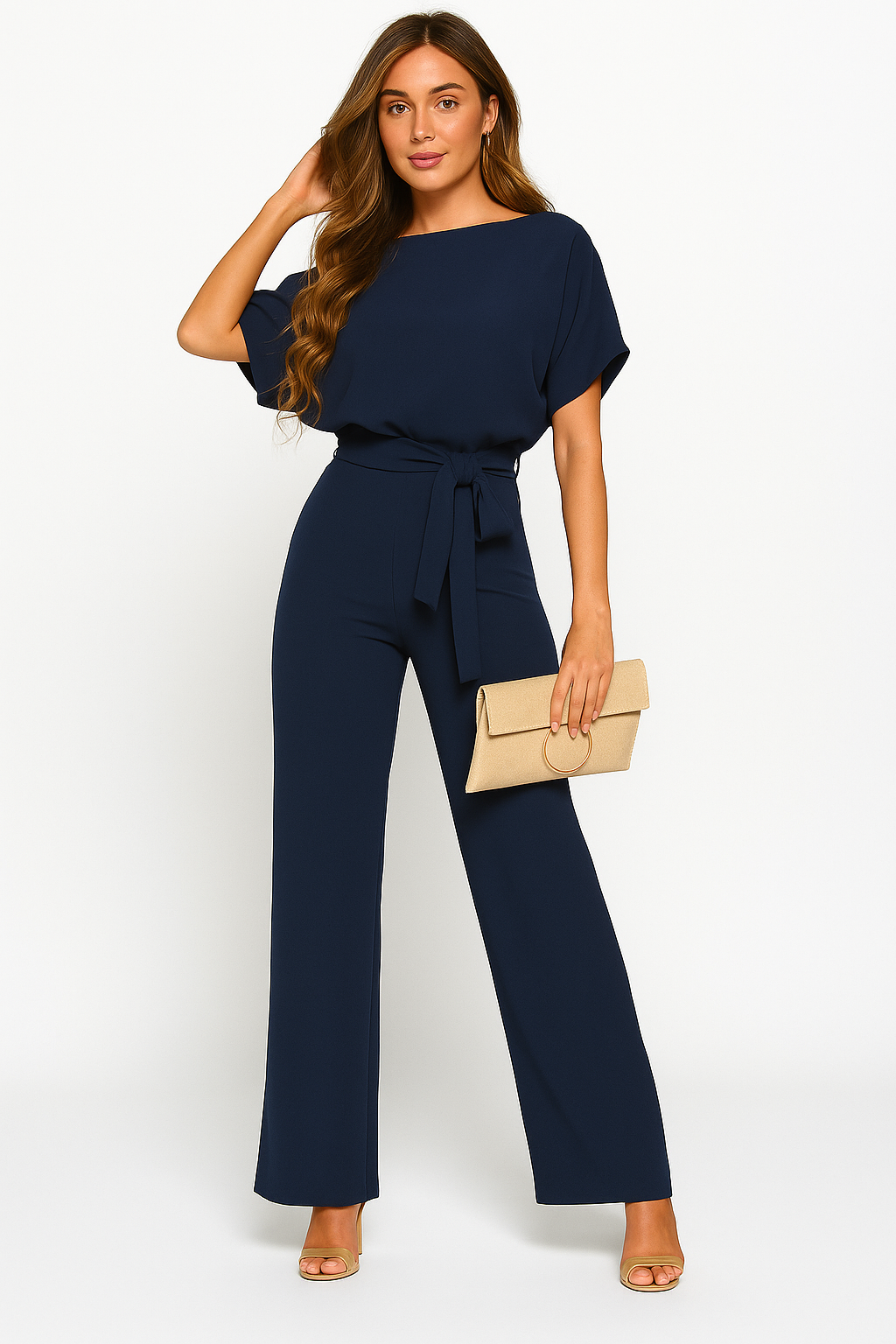 Dame Jumpsuit med Flagermusærmer og Bindebælte