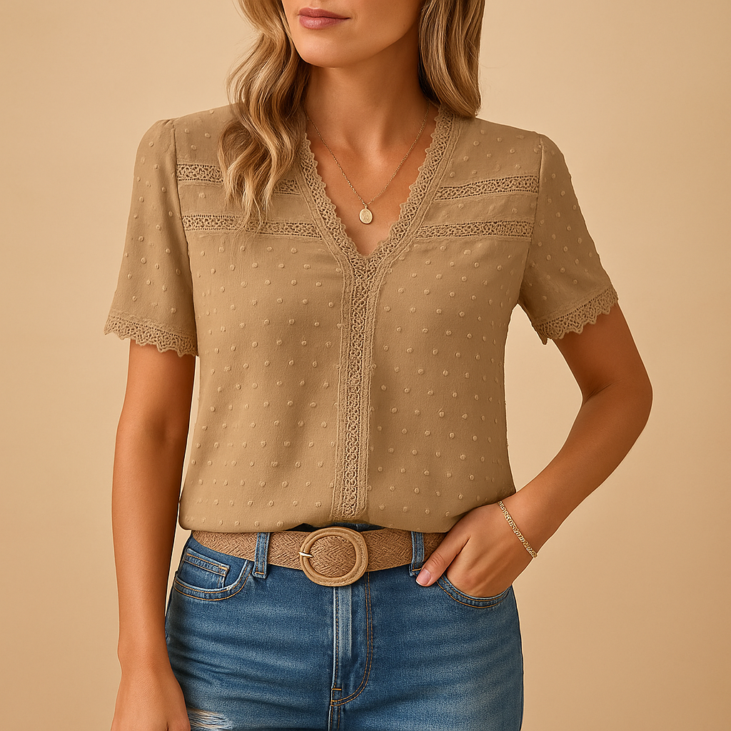 Dame Bluse med V-Hals og Blondedetaljer