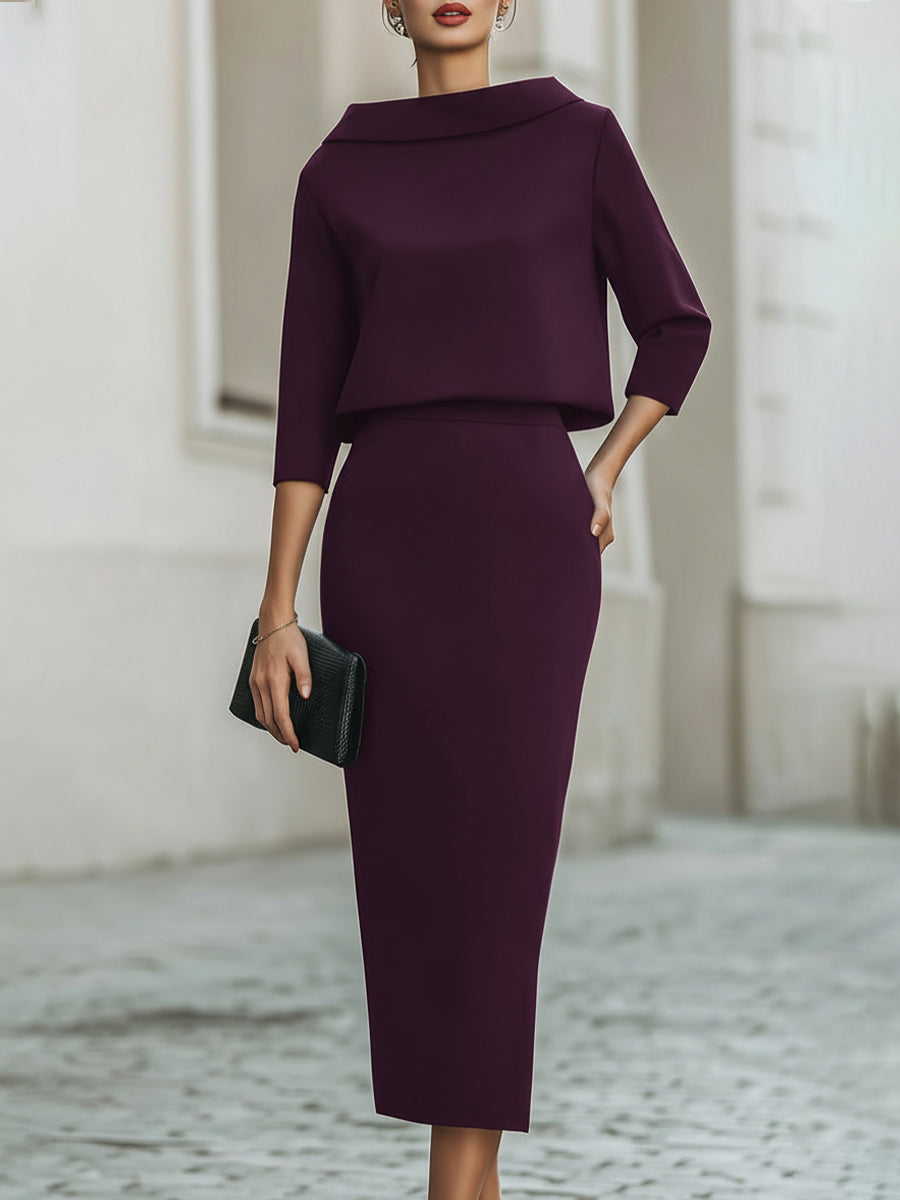 Women’s Boat Neck Top and Midi Skirt Set with Three-Quarter Sleeves