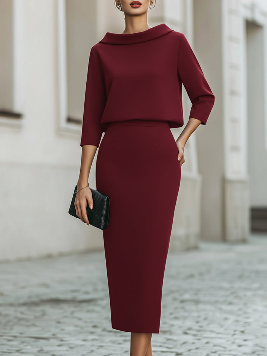 Women’s Boat Neck Top and Midi Skirt Set with Three-Quarter Sleeves