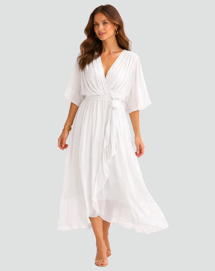 Dame Slå-Om Sommerkjole Maxi – Elegant Lang Kjole med V-Hals til Ferie & Hverdag