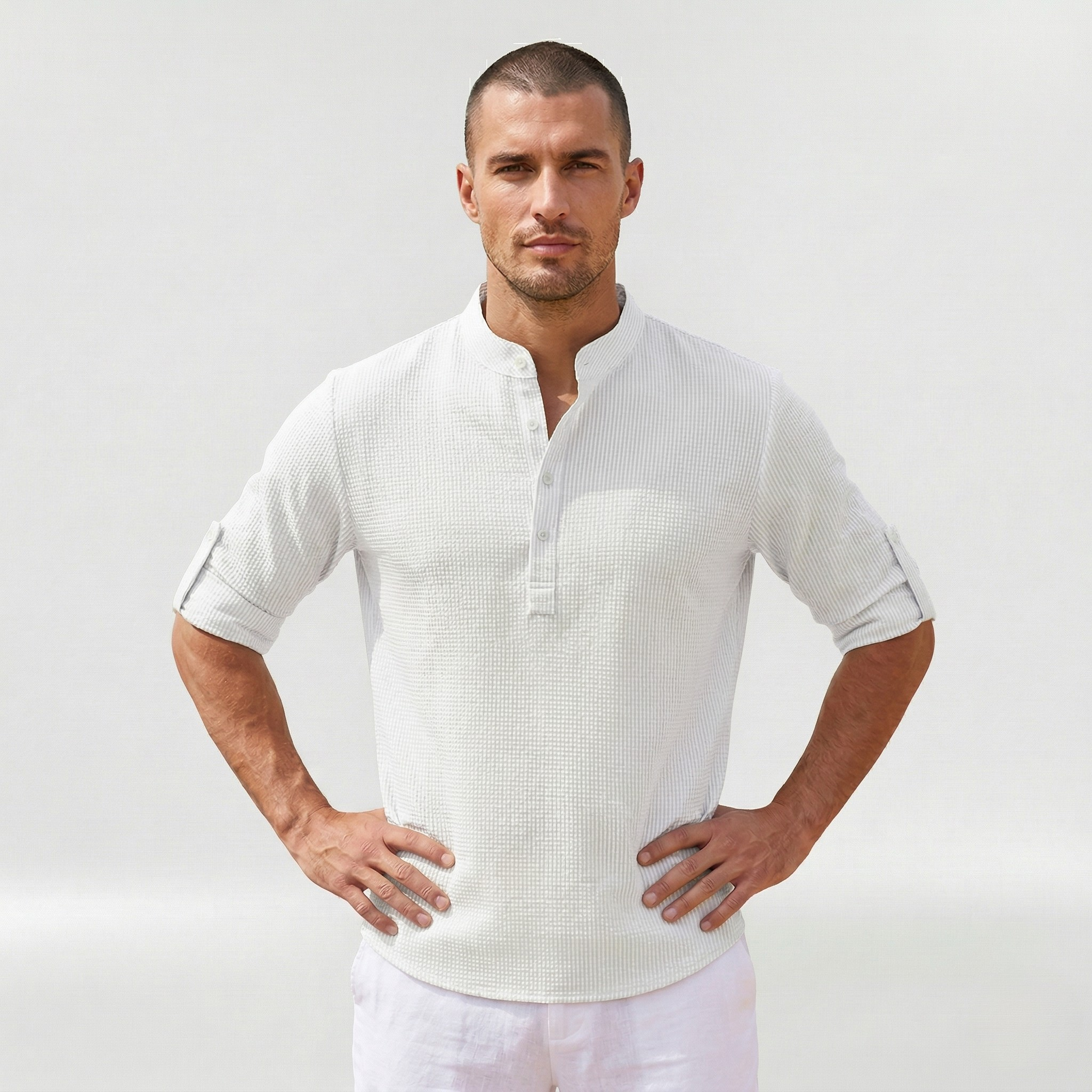 Long-sleeve men's shirt with half button closure for everyday use