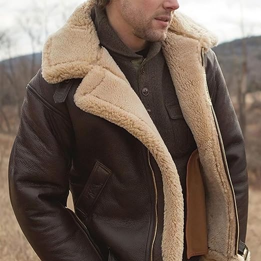 Shearling Læderjakke til Mænd med Blød Krave