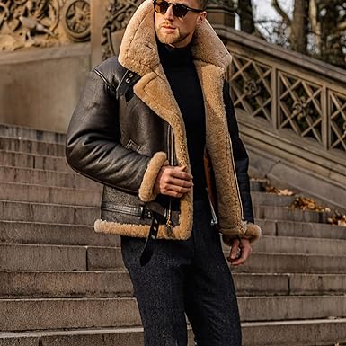 Shearling Læderjakke til Mænd med Blød Krave
