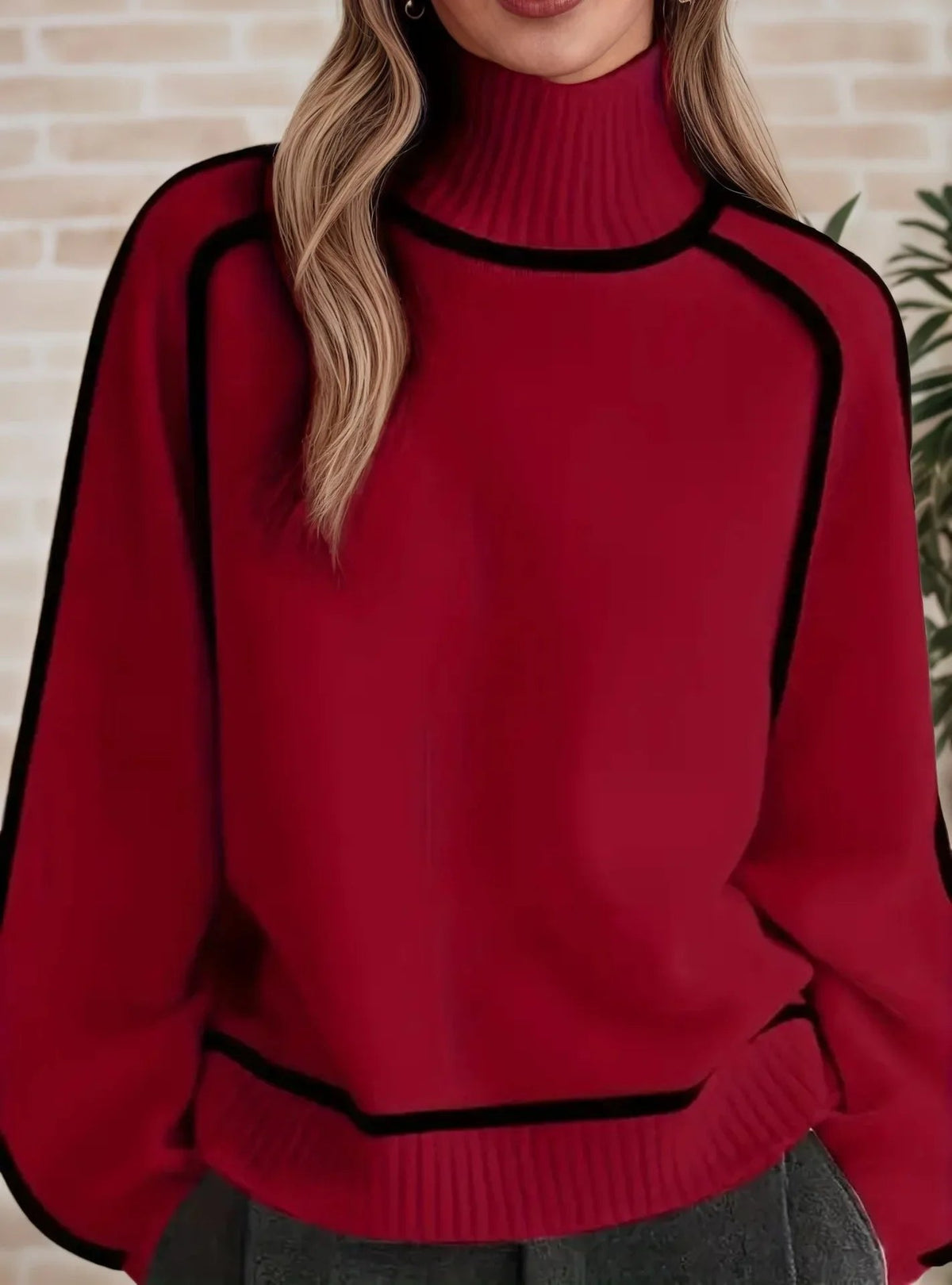 Oversized rolákový pletený svetr pro ženy s kontrastními lemy