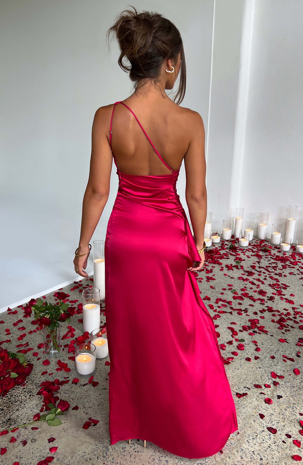 Vestido maxi de satén para mujer | Elegante vestido de fiesta de un solo hombro con abertura | Vestido largo de gala para bodas y eventos formales