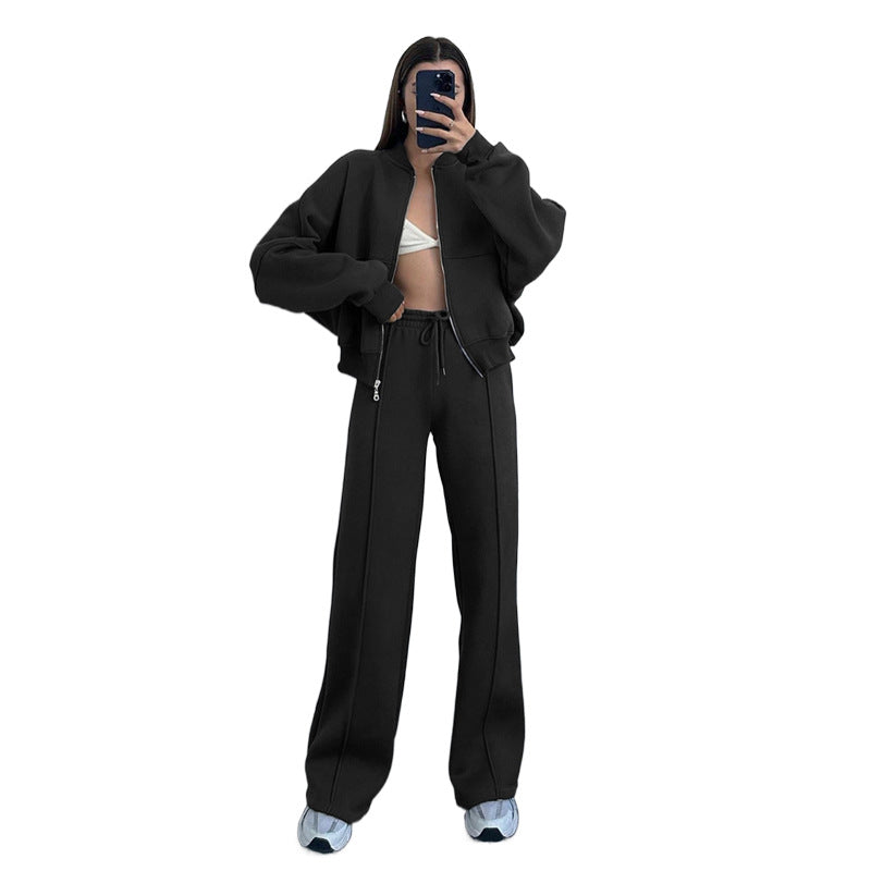 Tracksuit Sæt til Kvinder med Zip Neck og Vide Bukser