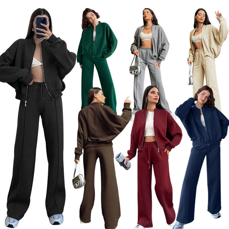 Tracksuit Sæt til Kvinder med Zip Neck og Vide Bukser