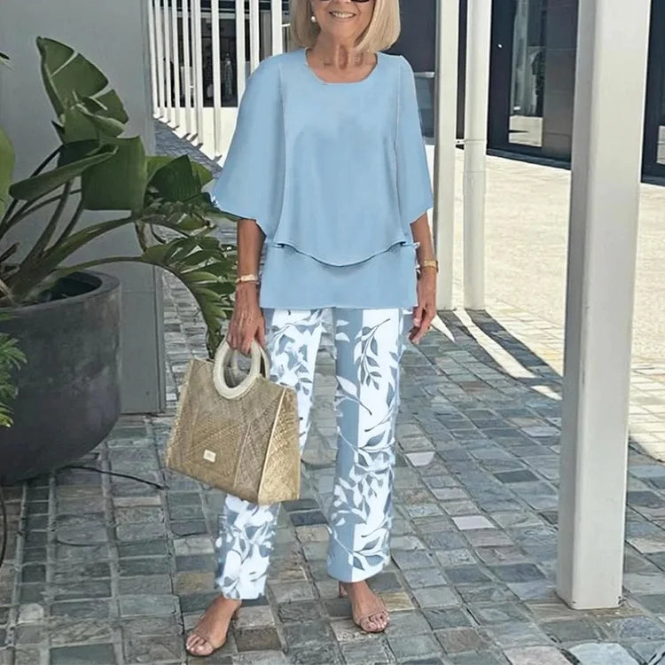 Printet 2-Delt Sæt med Løs Bluse og Bukser