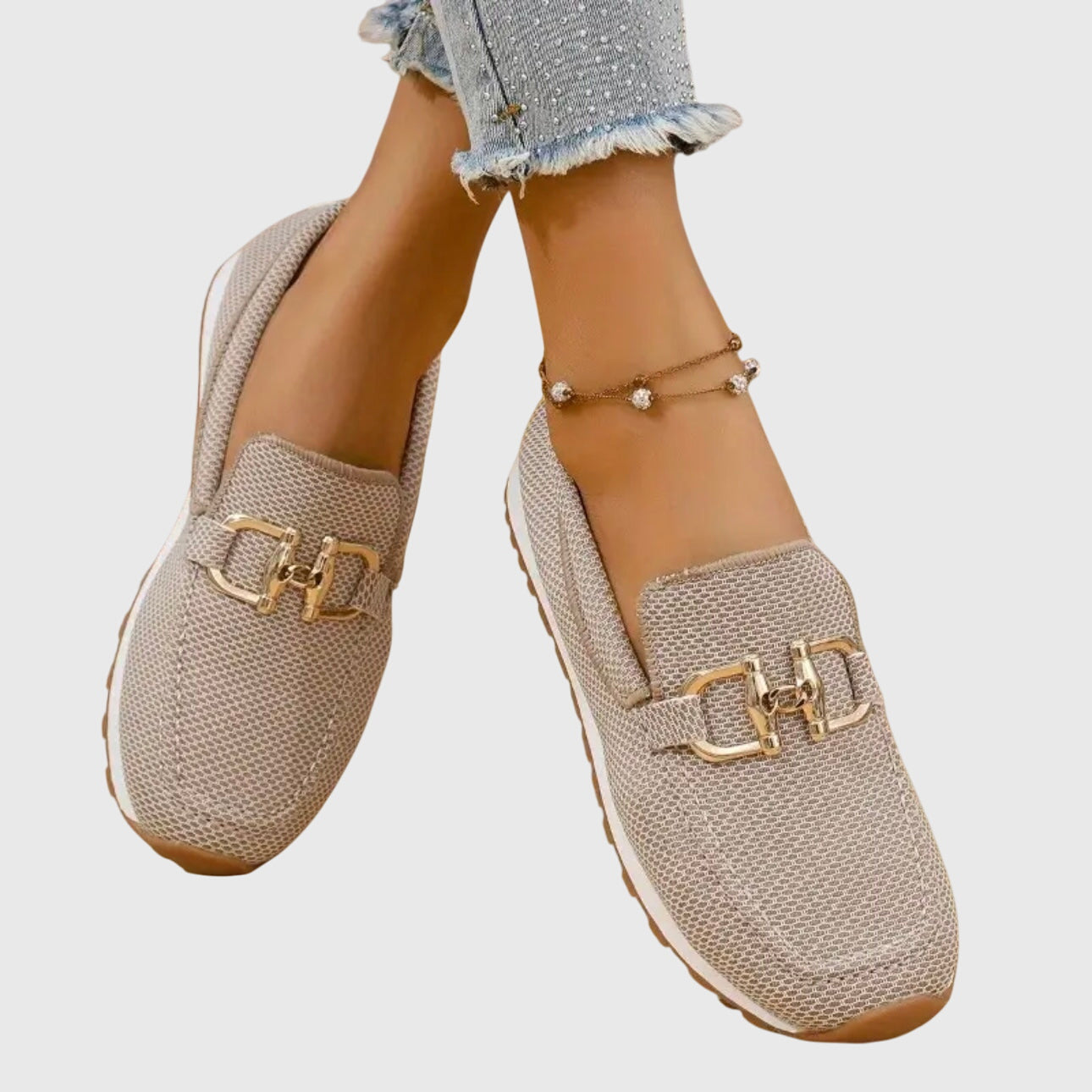 Orthopedic loafers for women | Comfortable everyday shoes with gold buckle and breathable design | Non-slip rubber sole for daily wear