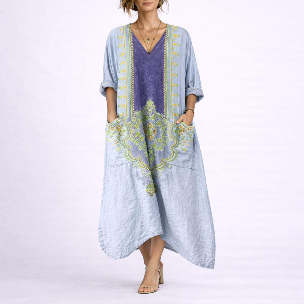 Boheme Kaftan Kjole til Dame med Løs Pasform og Midi Længde