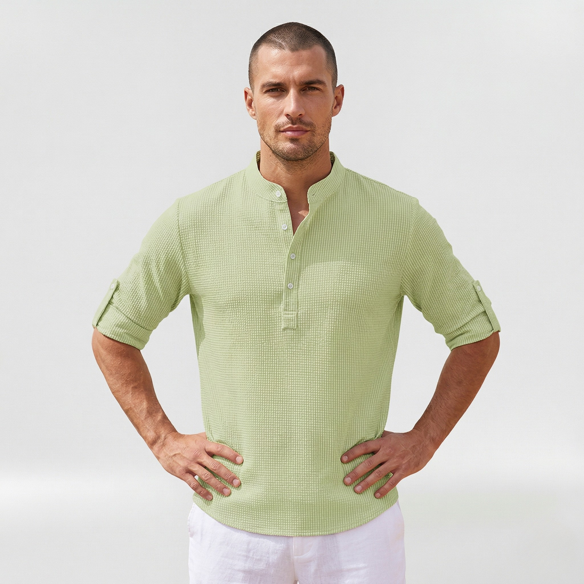 Long-sleeve men's shirt with half button closure for everyday use