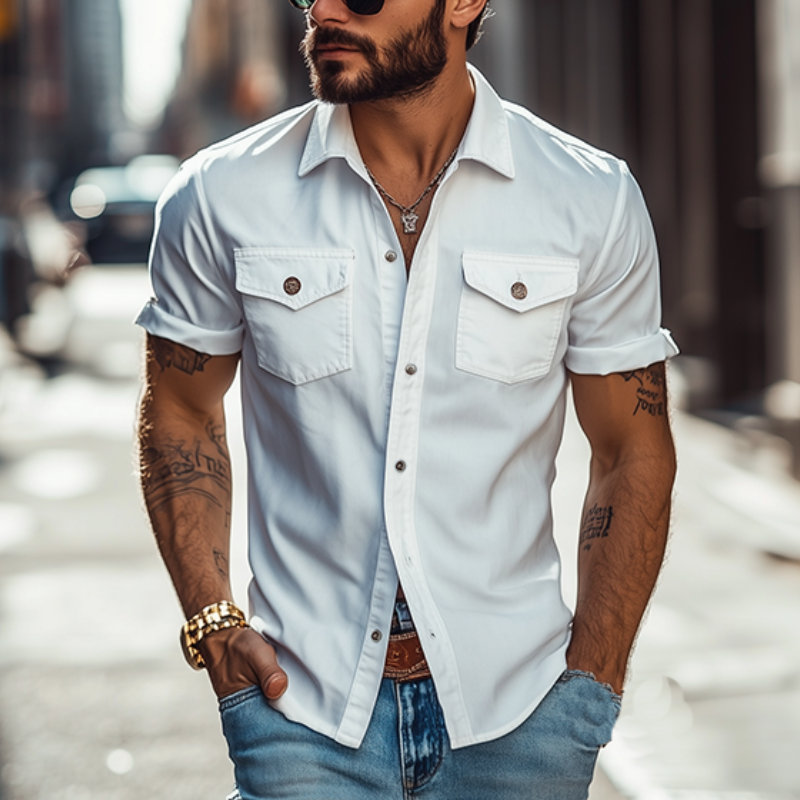Pánská klasická casual jednobarevná slim fit košile s více kapsami z polyesteru a bavlny 39582391K