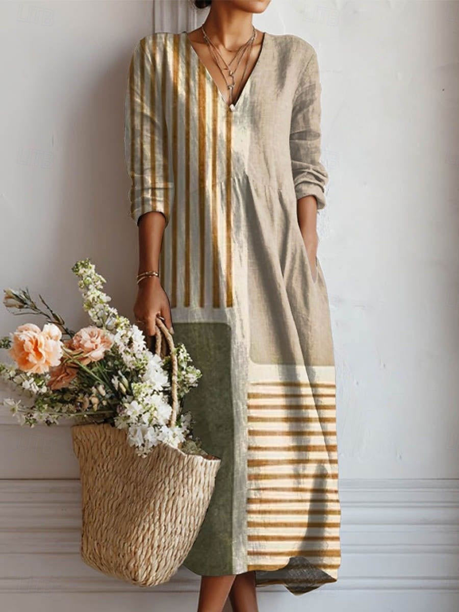 Boho Midi Kjole i Hørlook med Print til Dame