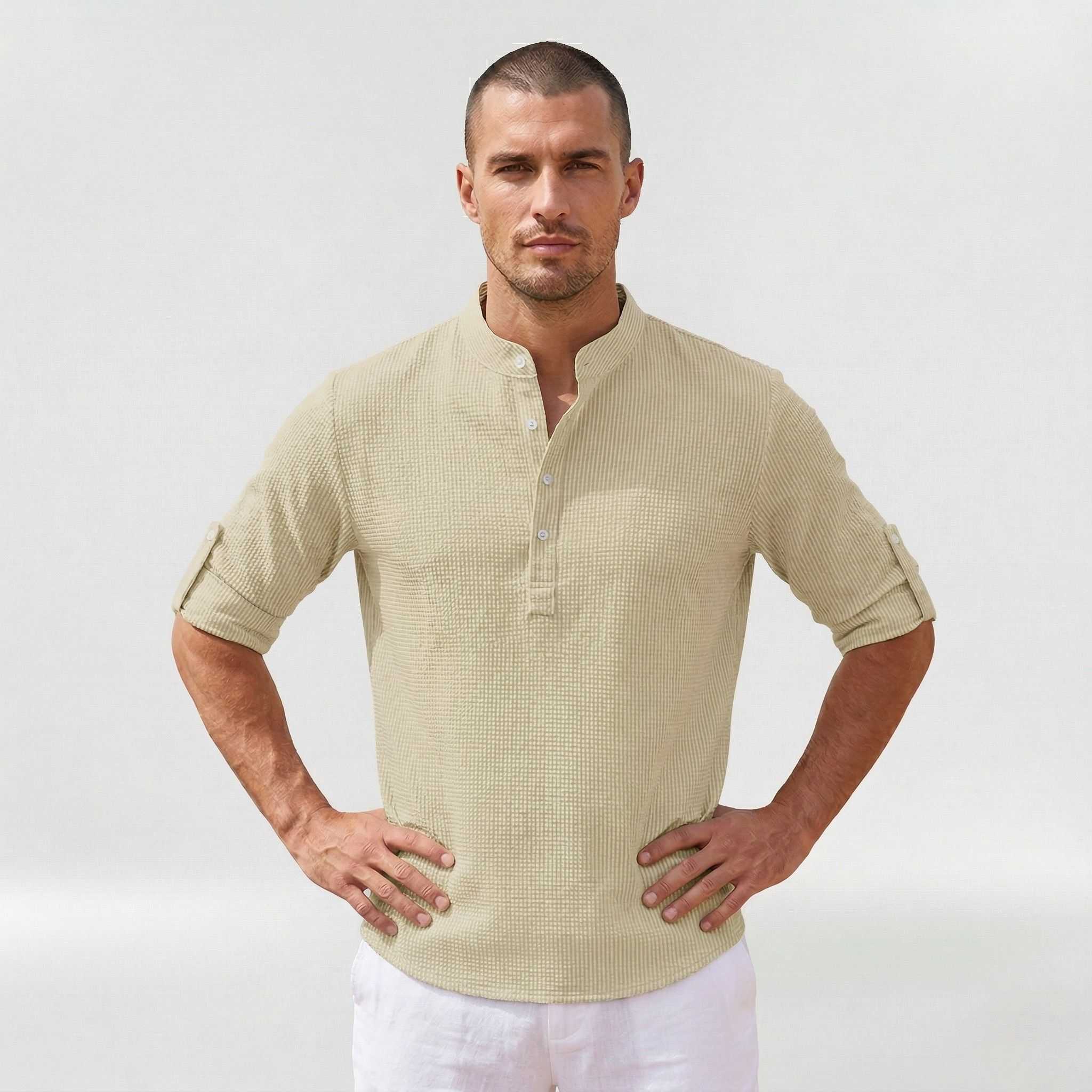 Long-sleeve men's shirt with half button closure for everyday use