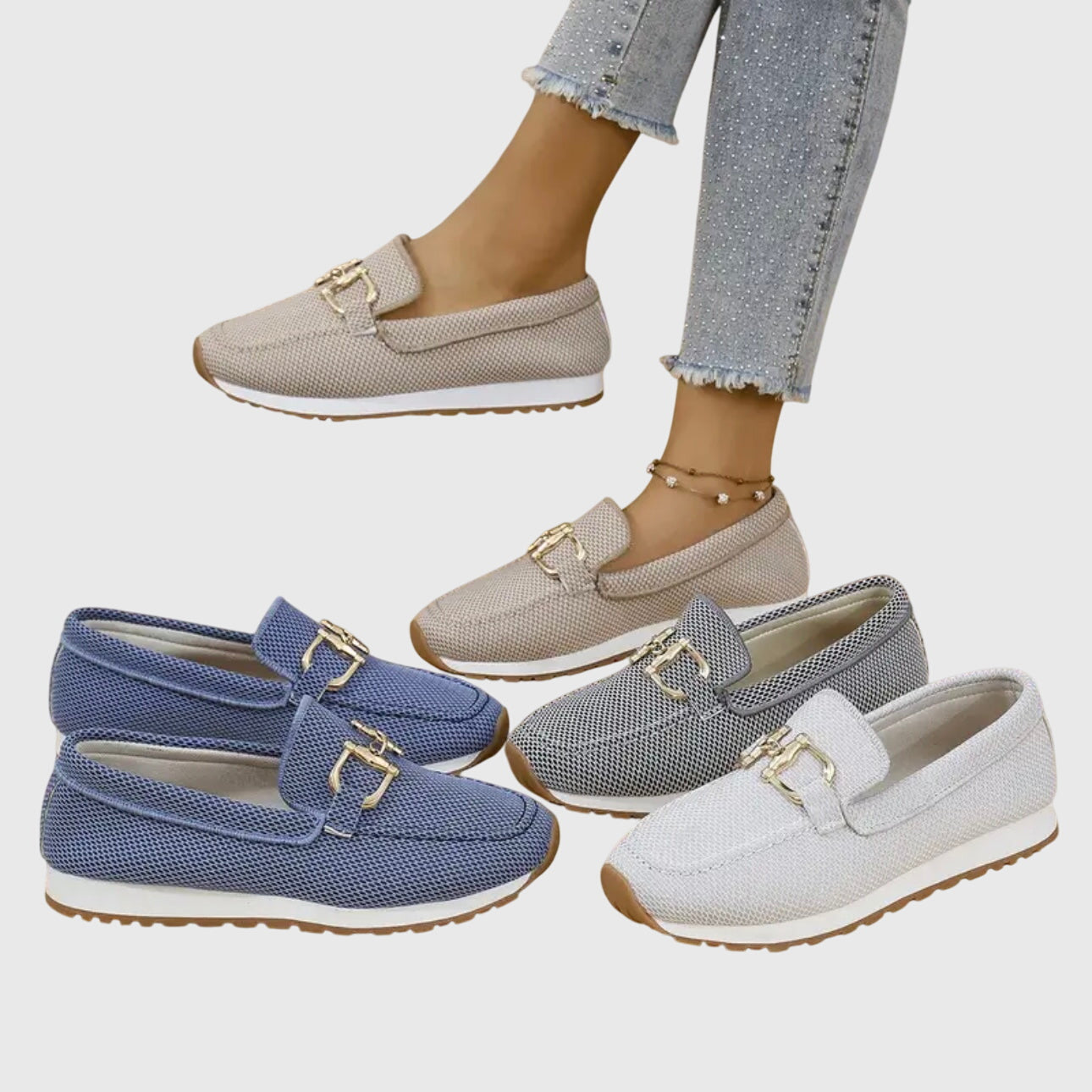 Orthopedic loafers for women | Comfortable everyday shoes with gold buckle and breathable design | Non-slip rubber sole for daily wear