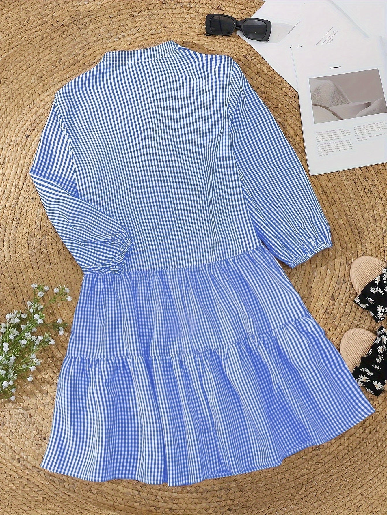 Dame Minikjole med Gingham-Mønster og Flæser