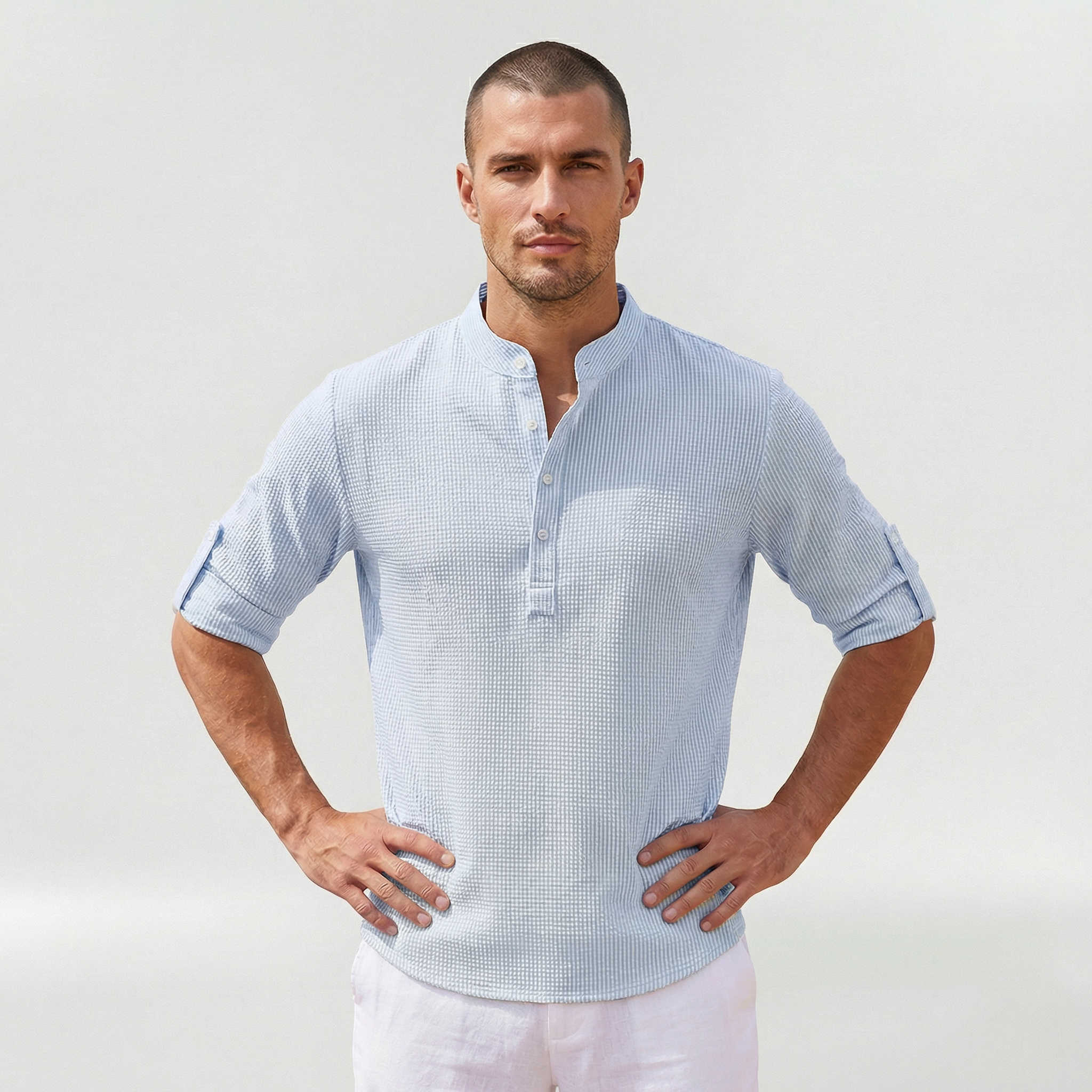 Long-sleeve men's shirt with half button closure for everyday use