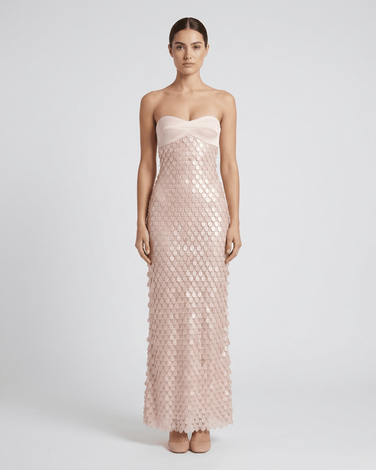 Elara Maxi Dress – Blush Pink Sequin Maxi Dress with Strapless Satin Bodice from Lauven, offering elegance and shimmer.
