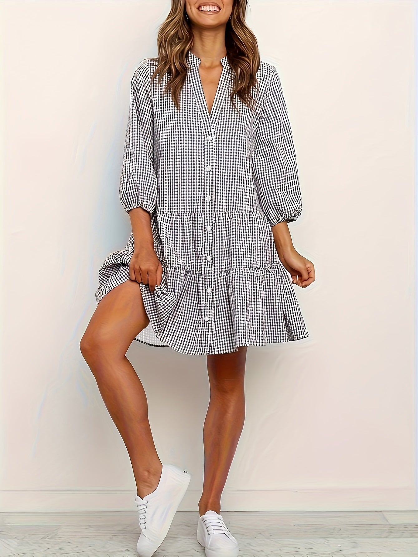 Dame Minikjole med Gingham-Mønster og Flæser