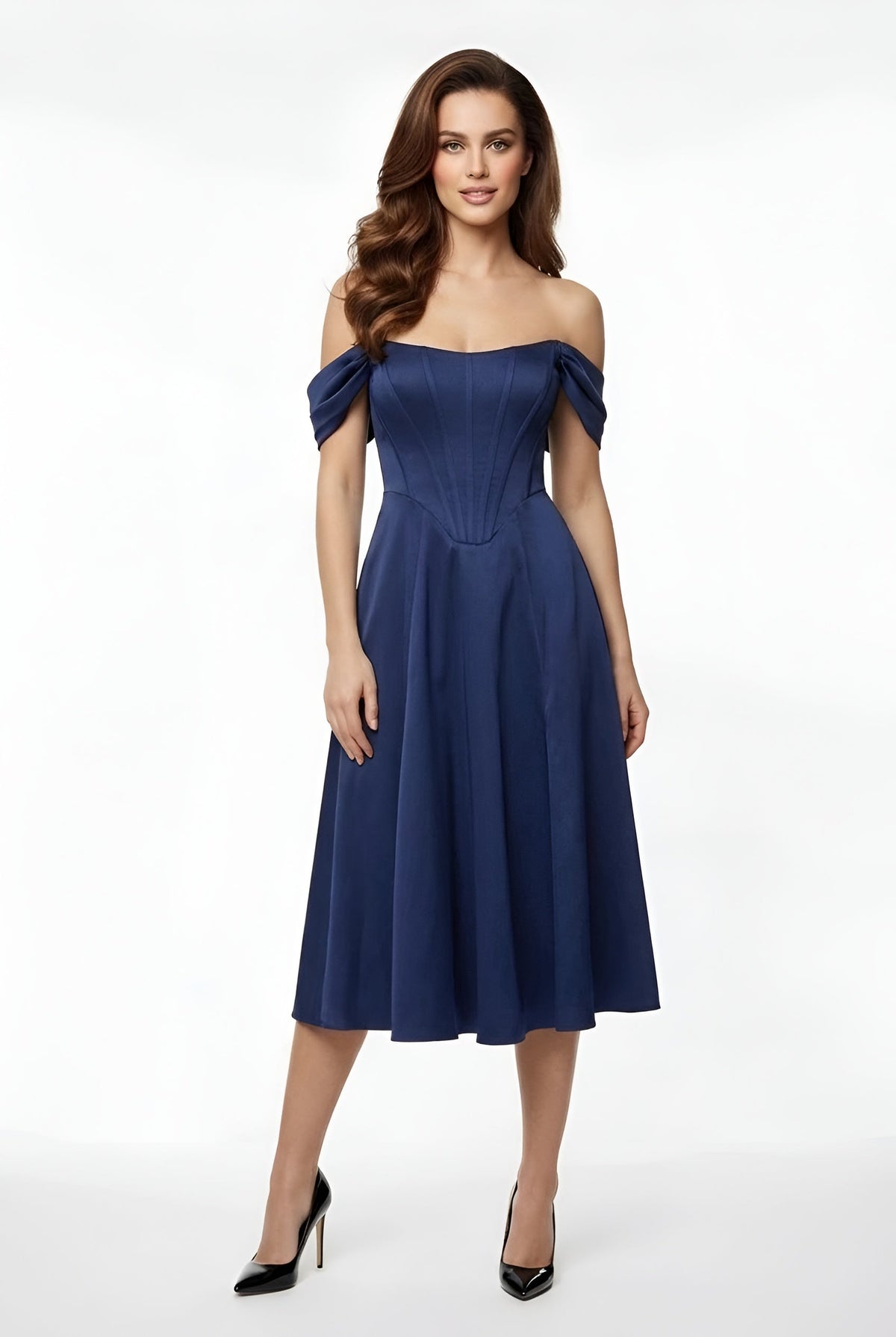 Women's off-the-shoulder party midi dress with slit, fitted elegant dress