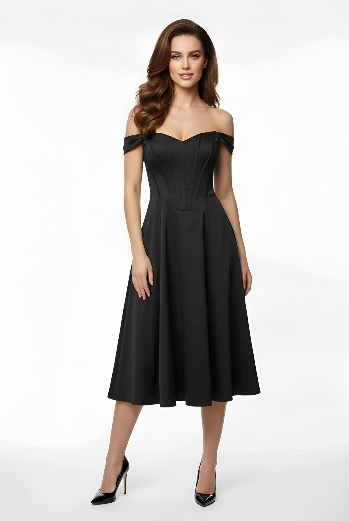 Women's off-the-shoulder party midi dress with slit, fitted elegant dress
