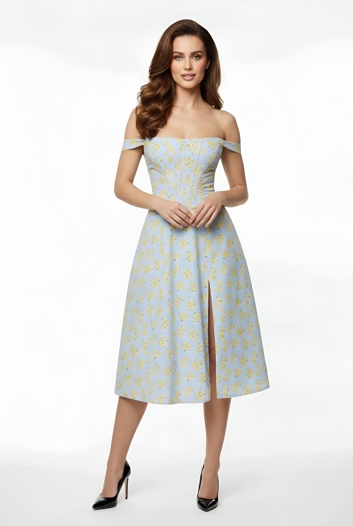 Women's off-the-shoulder party midi dress with slit, fitted elegant dress